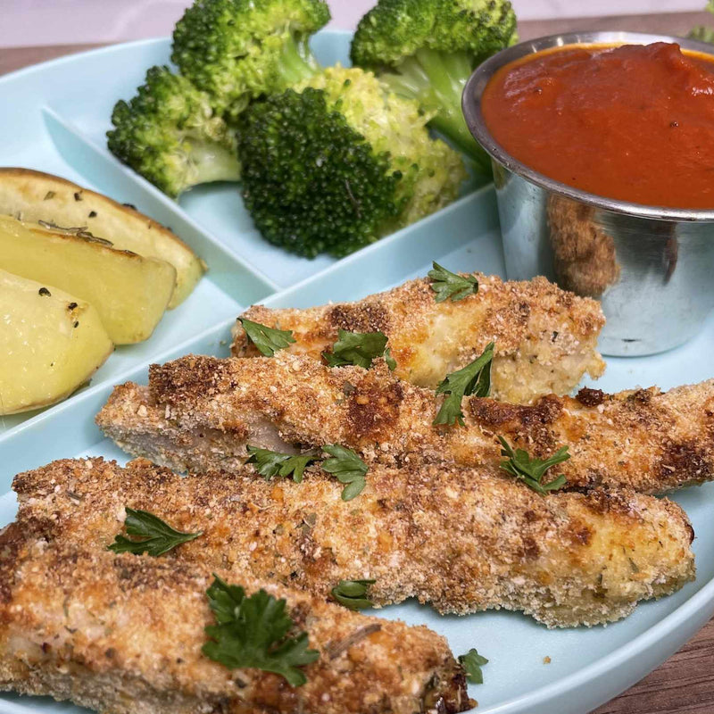 Chicken Parmesan Fries with Rosemary Roasted Potato Wedges and Cheesy Broccoli