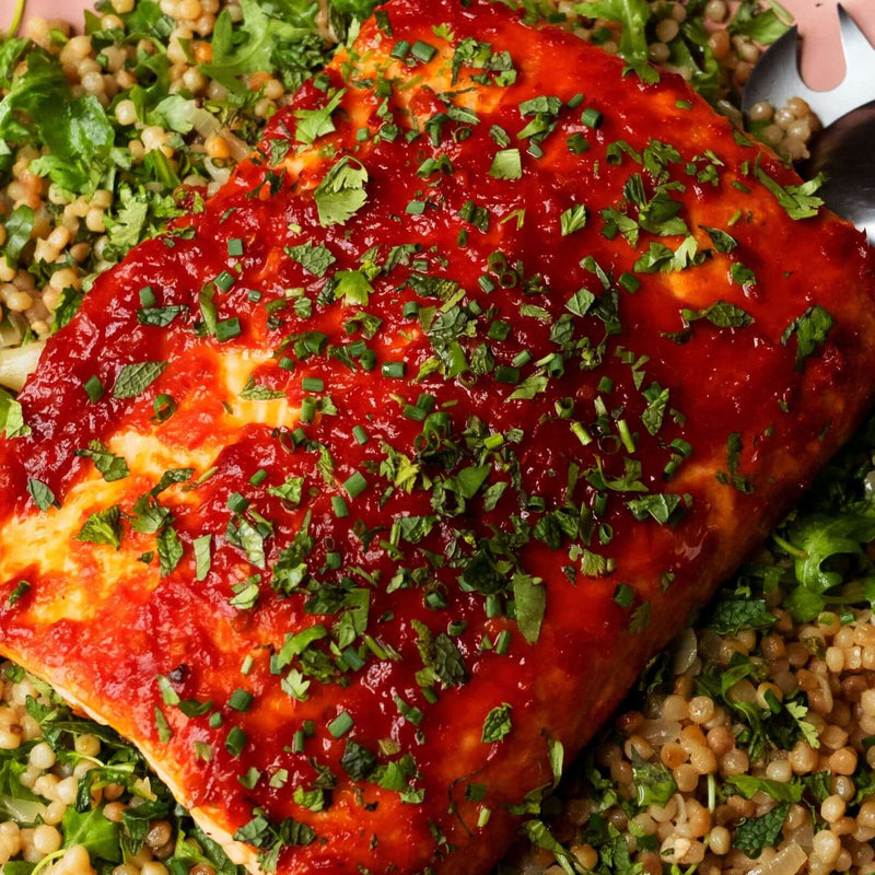 Israeli Couscous with Harissa-Spiced Salmon