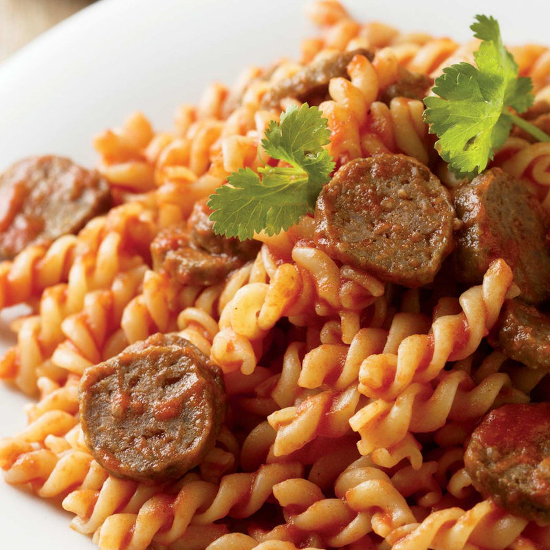 Plant-Based Sausages with Broccoli, Whole Wheat Pasta, and Stock