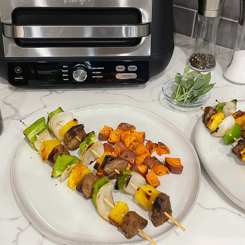 Beef Teriyaki, Pineapple, and Veggie Kabobs with Sesame Roasted Sweet Potatoes