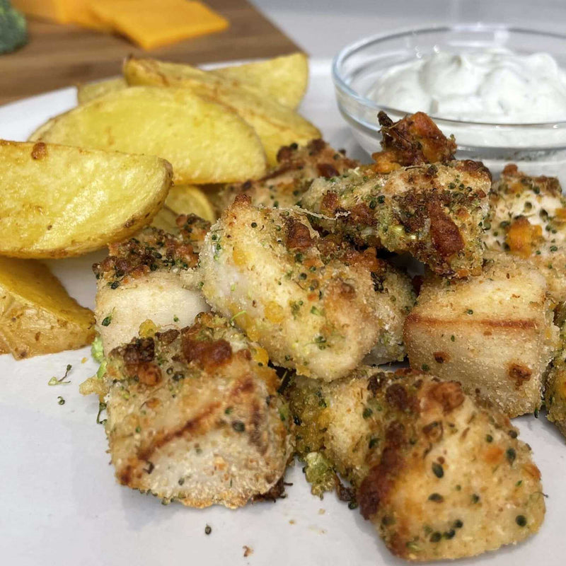 Broccoli Cheddar Chicken Nuggets with Seasoned Potato Wedges and Yogurt Ranch Dipper