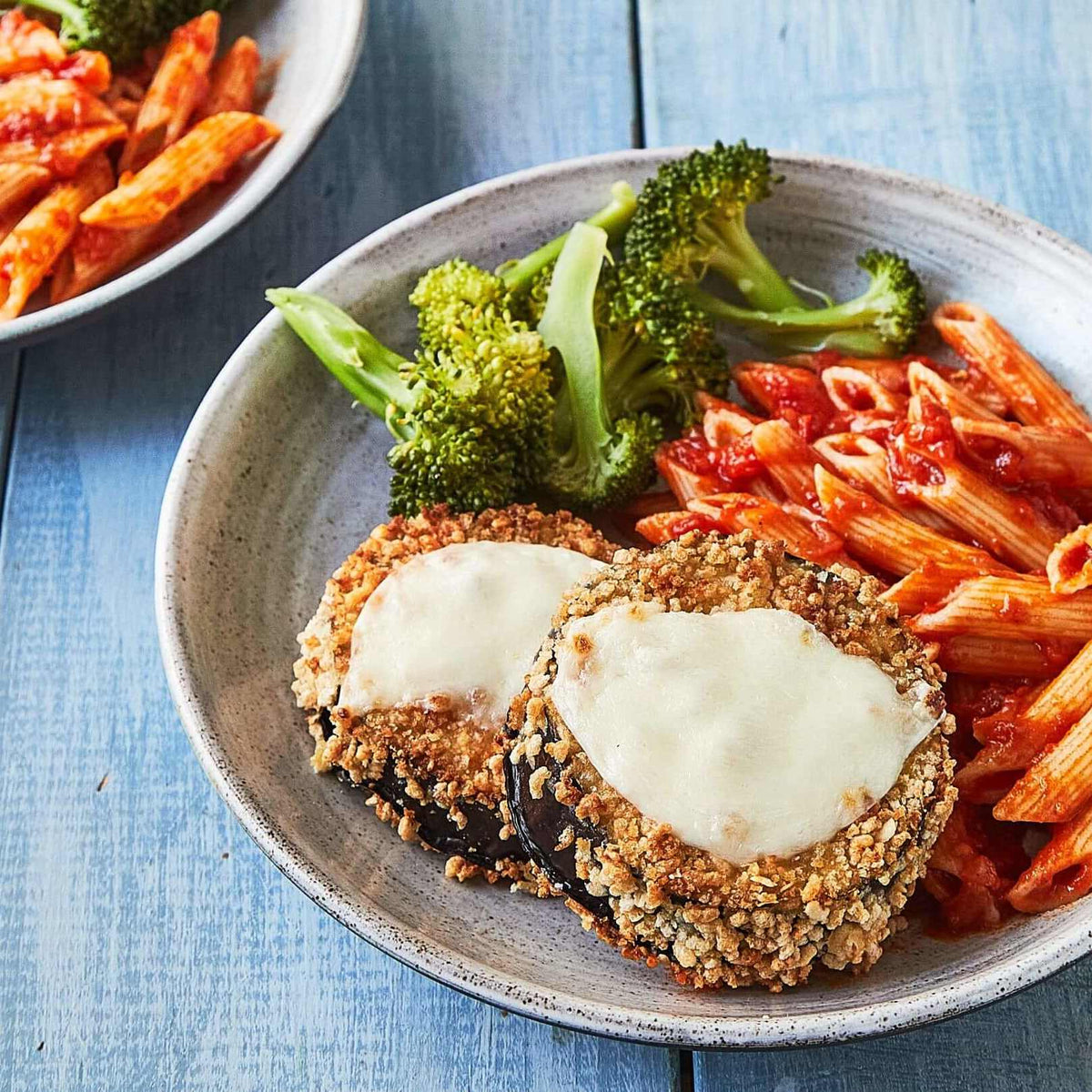 Eggplant Parmesan with Broccoli and Penne Marinara