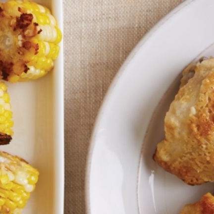 Oven Fried Chicken with Smashed Potatoes and Corn