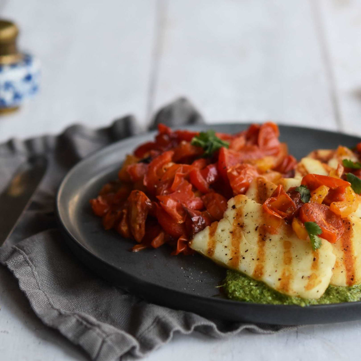 Grilled Halloumi with Cilantro Pesto & Peppers