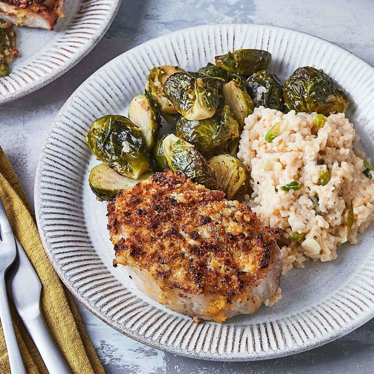 Honey Mustard Crusted Pork with Brussels Sprouts and Creamy Scallion Rice