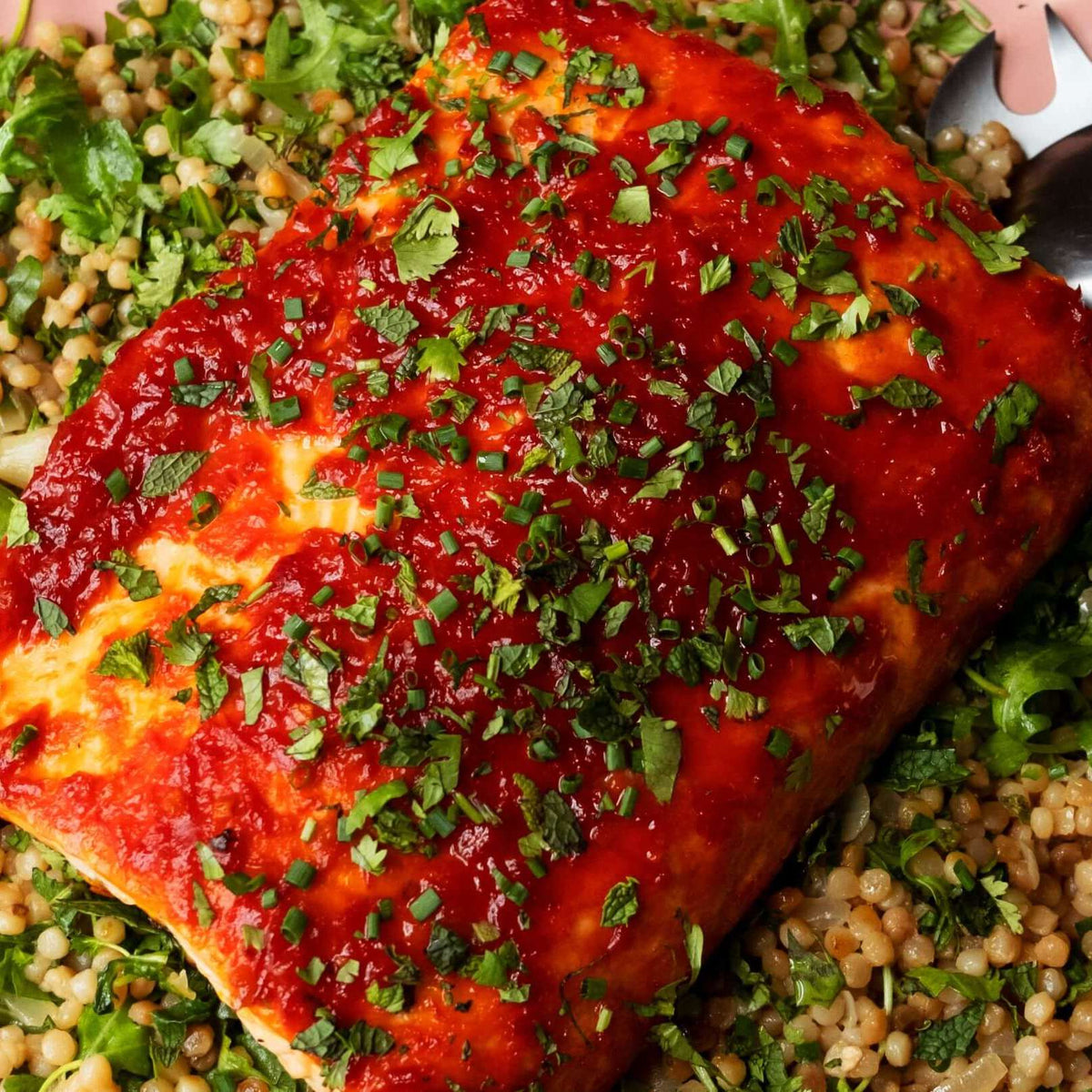 Israeli Couscous with Harissa-Spiced Salmon