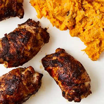 Jerk Chicken Thighs with Sweet Potato and Banana Mash