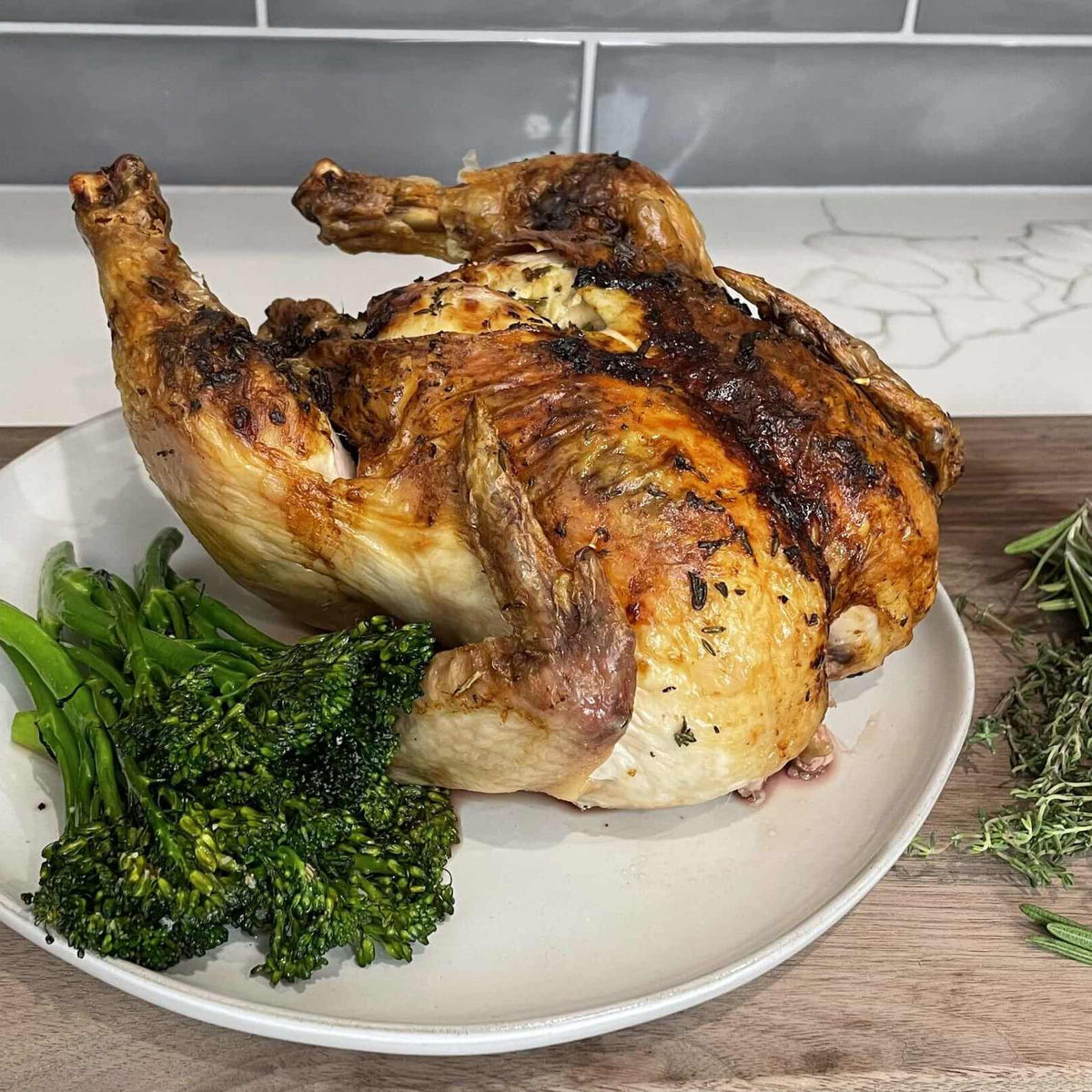 Lemon Herb Compound Butter Whole Chicken with Air Fried Broccolini