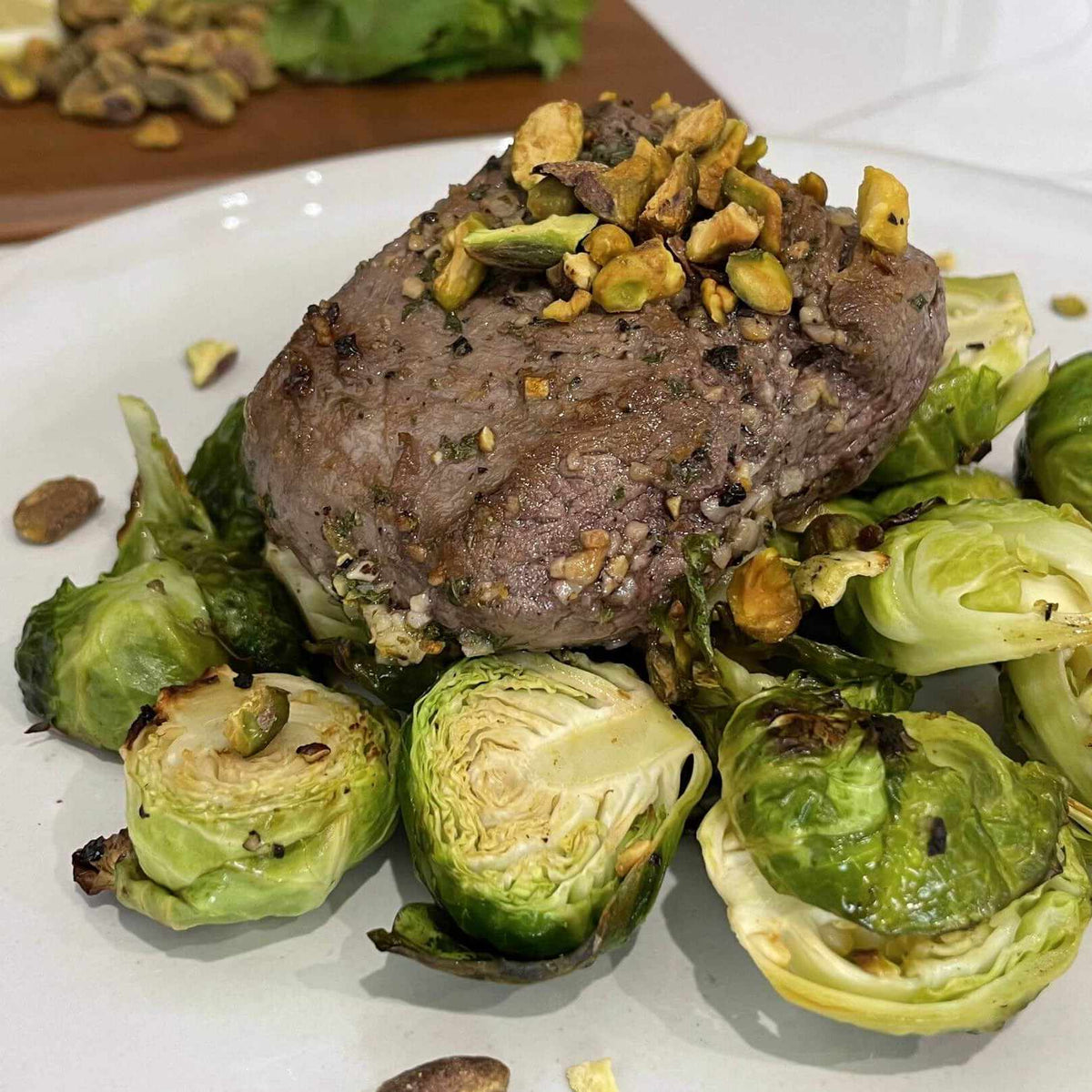 Mint and Garlic Rubbed Filet with Seared Brussels Sprouts and Crushed Pistachios