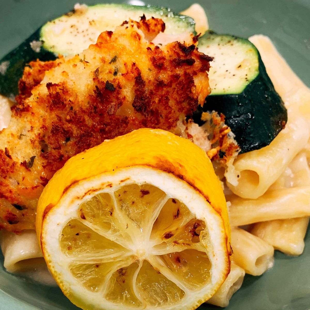 Chicken Tenders with Zucchini & Rigatoni Alfredo