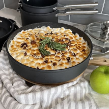 Rosemary Scalloped Apple, Celery Root & Sweet Potato Casserole with Marshmallows & Pecans