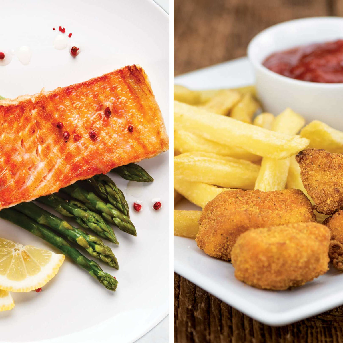Salmon and Asparagus & Chicken Nuggets and French Fries