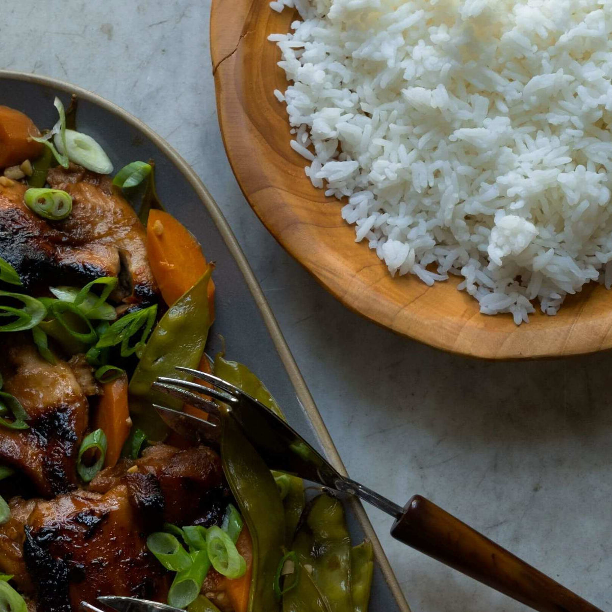 Sesame Ginger Chicken Thighs with Glazed Carrots and Snow Peas