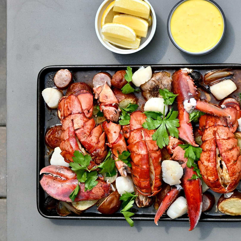 Sheet Pan Lobster Meal with Paprika Butter and Saffron Aioli