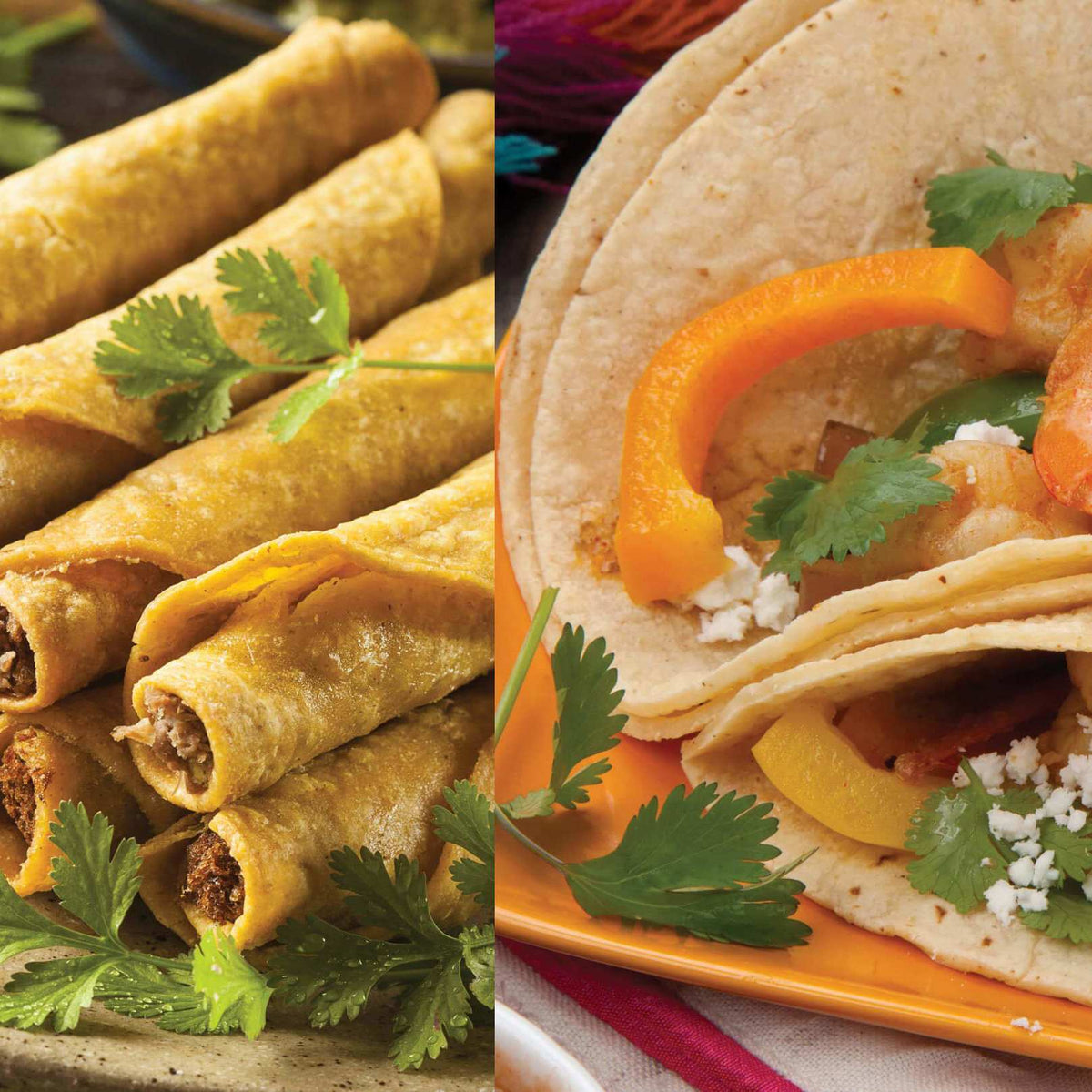 Shrimp Fajitas & Beef Taquitos with Cotija Corn