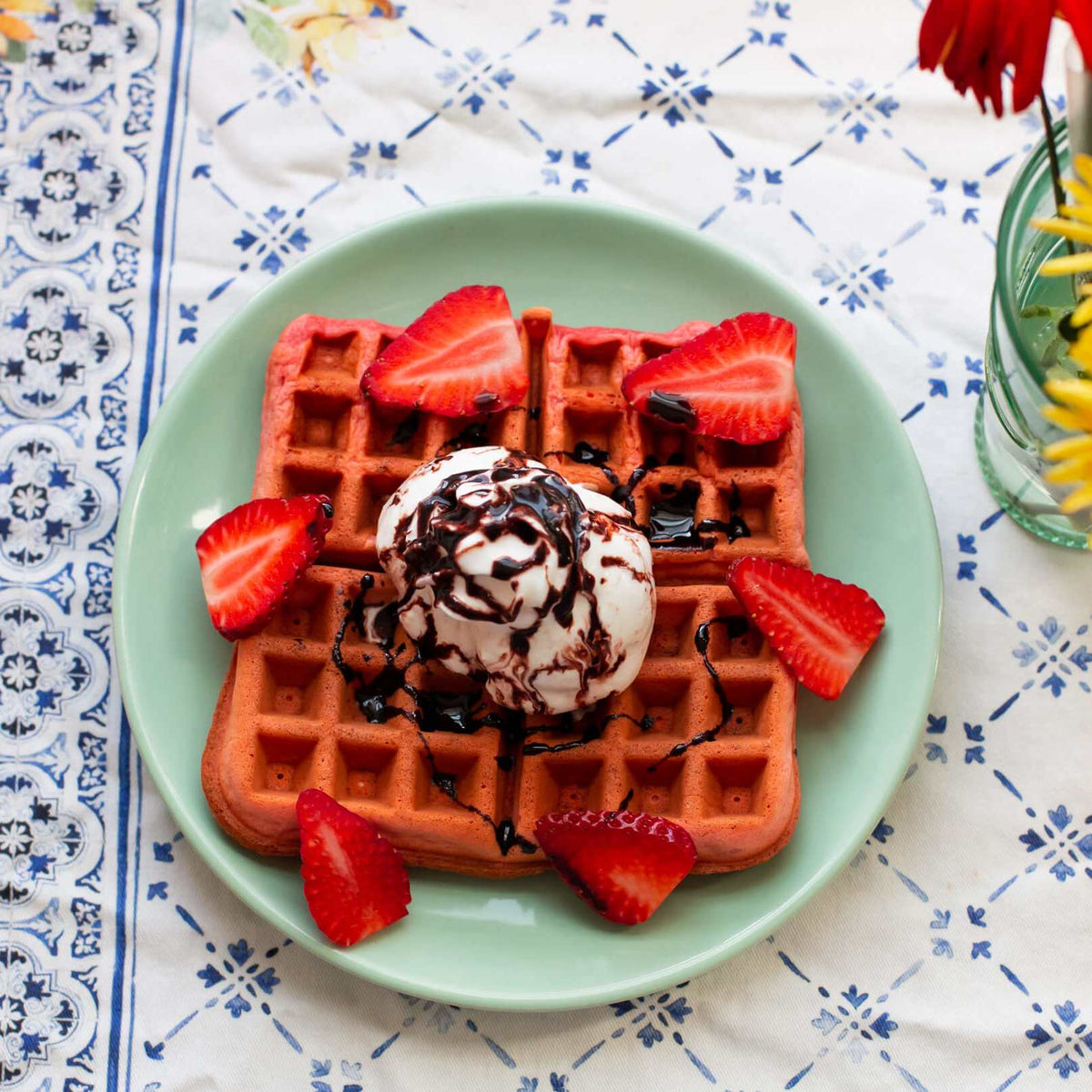 Strawberry Waffles with Cheesecake Ice Cream