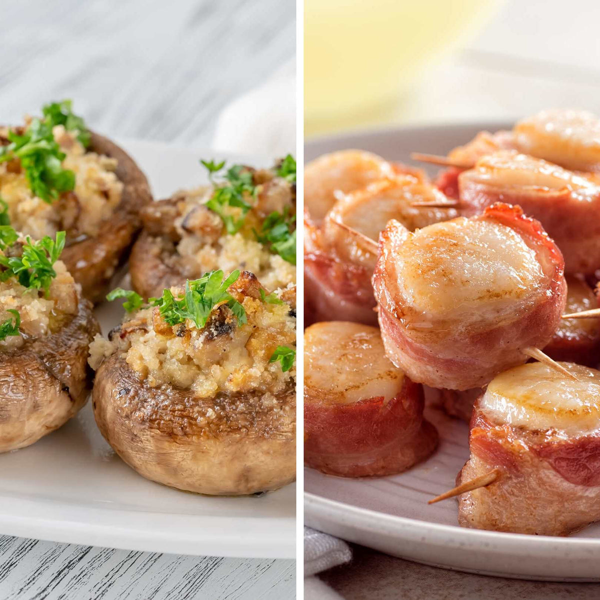 Stuffed Mushrooms and Scallops Wrapped in Bacon