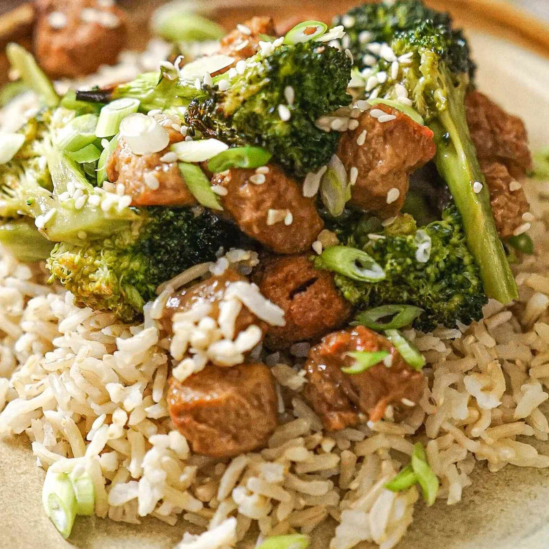 Vegan Beef with Broccoli and Rice